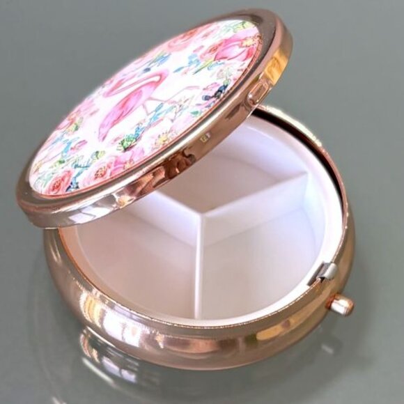 Spring Floral Pink Flamingo Rose Gold 3 Compartment Purse Travel Pill Box Holder - Picture 2 of 2